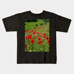 Poppy flower field, poppies mountain view, oil paint effect Kids T-Shirt